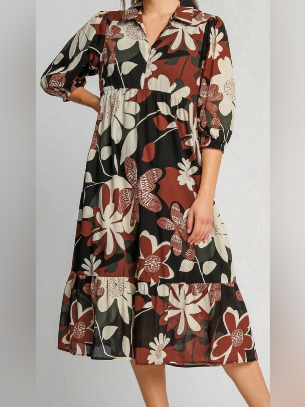 Floral Midi Dress in Brown & Black